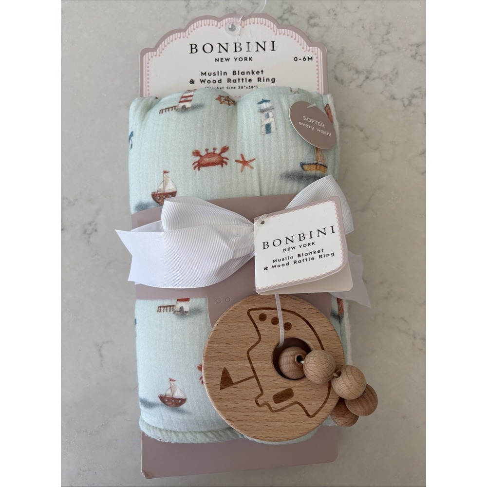 Baby Blanket Muslin Cotton Fleece Lining Sailboats Coastal Bonbini Wood Rattle